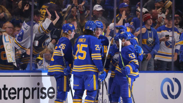 Nov 10, 2022; Buffalo, New York, USA; Buffalo Sabres right wing Tage Thompson (72) celebrates his second goal of the game with teammates during the third period against the Vegas Golden Knights at KeyBank Center. Mandatory Credit: Timothy T. Ludwig-USA TODAY Sports